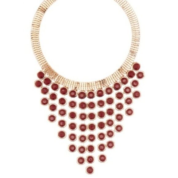 AREA STARS Womens Red Stone Gold Tone Bib Collar Statement Necklace New - Picture 1 of 6